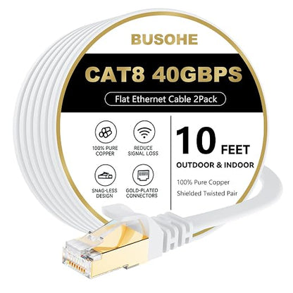 BUSOHE Cat 8 Ethernet Cable 10 FT 2Pack, 40Gbps 2000Mhz High Speed Flat Cat8 by BUSOHE