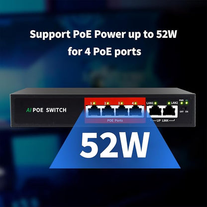 STEAMEMO AI PoE Switch, 52V 52W 100Mbps, 802.3af/at, Unmanaged Network Extender - Image 3