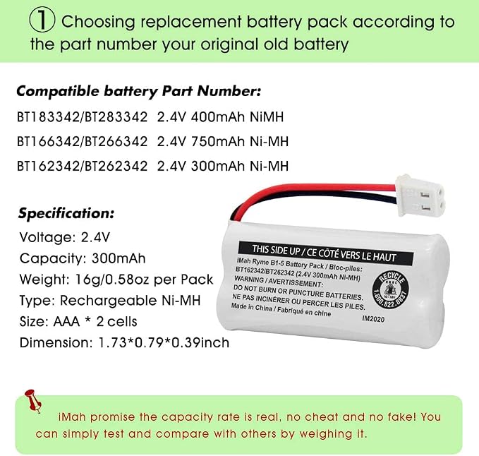 iMah BT162342/BT262342 2.4V 300mAh Ni-MH Cordless Phone Battery Pack, Also - Image 3