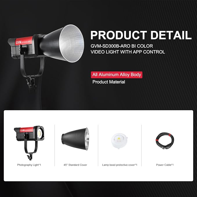 GVM 300W LED Video Light, 221950lux/1m, ARO SD300B Photography Lighting Kit - Image 7