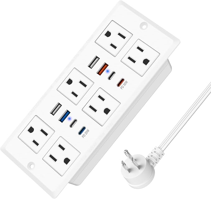 30W Recessed Power Strip USB C, Desk Flush Mount Outlet Plug in 6 AC & 8 USB by HEZI