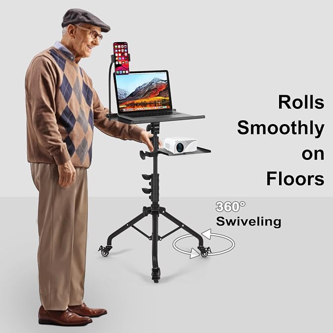 Laptop Tripod on Wheels with 2 Shelves, Portable Projector Floor Stand - Image 7