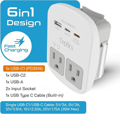 Ceptics 35W Universal Travel Adapter Kit – 2 USA sockets, 1x PD 35W USB-C and - Image 2