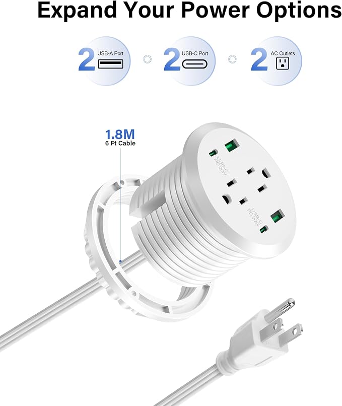 Desktop Power Grommet, 40W Fast Charging Station, 2 AC Outlets, 4 USB Ports - Image 2
