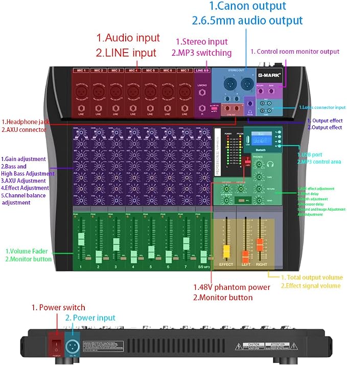 G-MARK MR80S Audio Mixer Interface USB Bluetooth Mixing Console 8 Channel 48V - Image 10