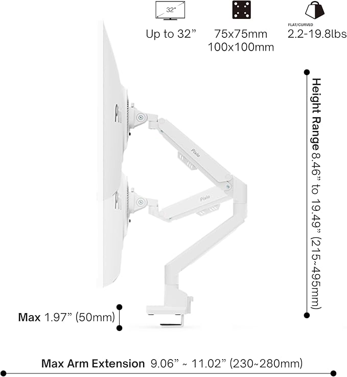 Pixio PS1S Wave White Single Monitor Arm Stand Desk Mount - Image 4