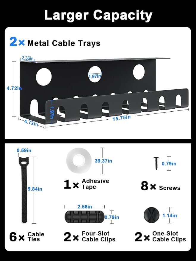 Delamu 2 Pack Metal Under Desk Cable Management Tray, U-Channel Cord Organizer - Image 3