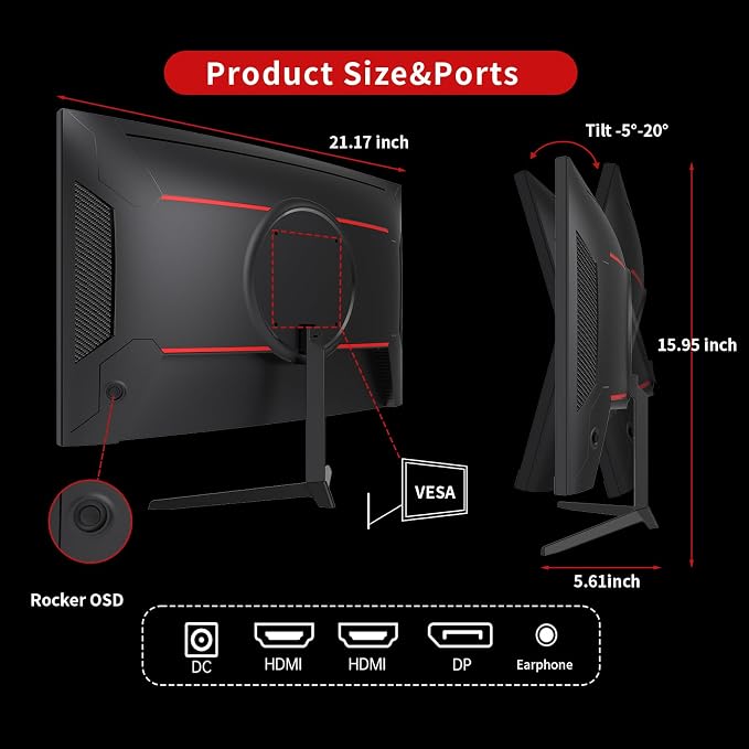 KTC 24 inch 1500R Curved Gaming Monitor 165Hz 1ms FHD 1080p VA Tilt Adaptive - Image 4