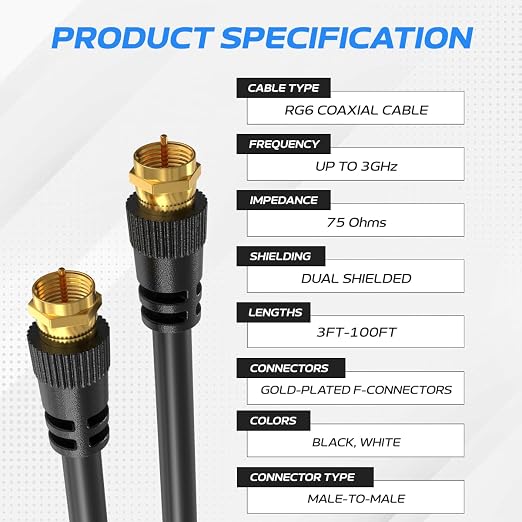 Cables Direct Online Pack of 2 x Coaxial Cables 50FT Black Coax RG6 Male F Type - Image 2