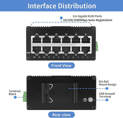 12 Port Gigabit Ethernet Switch, Unmanaged Industrial Network Switch, Dual - Image 3
