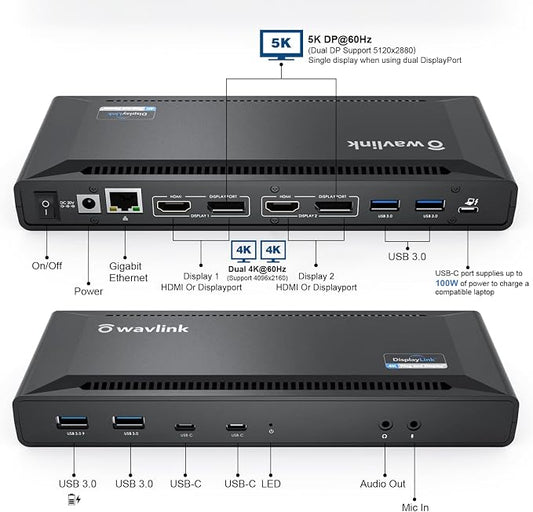 WAVLINK DisplayLink Laptop Docking Station Dual 4K@60Hz, 100W PD Charging - Image 2