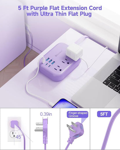 6 USB Purple Travel Power Strip- 5Ft Purple Extension Cord - Image 5