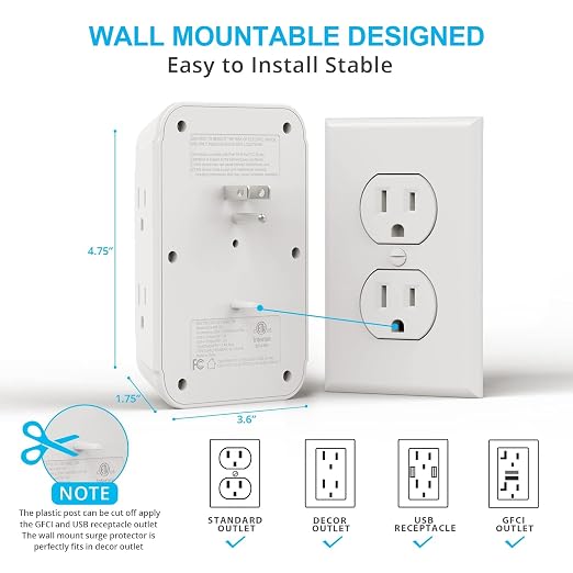 Wall Charger, Surge Protector, 6 Outlet Extender - Image 4