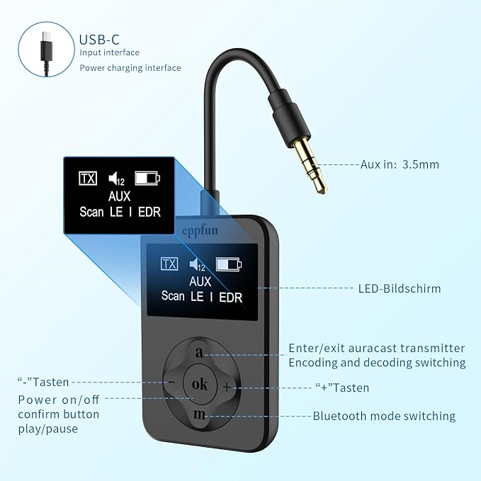 eppfun Bluetooth Auracast Transmitter, AptX Lossless, AptX HD, USBC/3.5mm Aux - Image 4