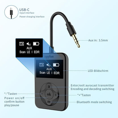 eppfun Bluetooth Auracast Transmitter, AptX Lossless, AptX HD, USBC/3.5mm Aux - Image 4