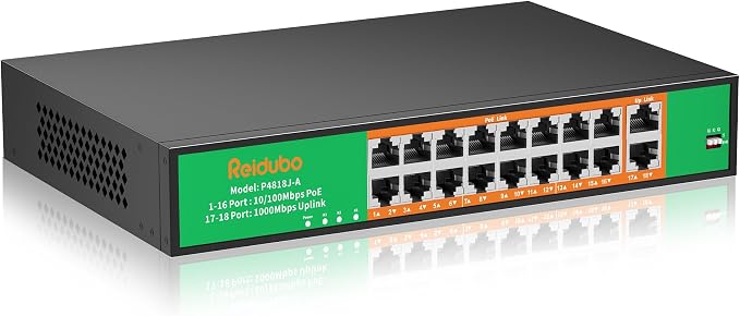 16 Port PoE Switch, 16 PoE+ 100Mbps Ports by ReiduboSecurityPoECameraSwitch