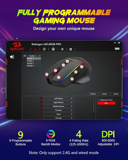 Redragon Wireless Gaming Mouse, Tri-Mode 2.4G/USB-C/Bluetooth Ergonomic Mouse - Image 5