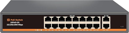 18 Port Unmanaged PoE+ Switch, 16 POE+ Ports & 2 Gigabit Uplink Ports, IEEE by Davuaz