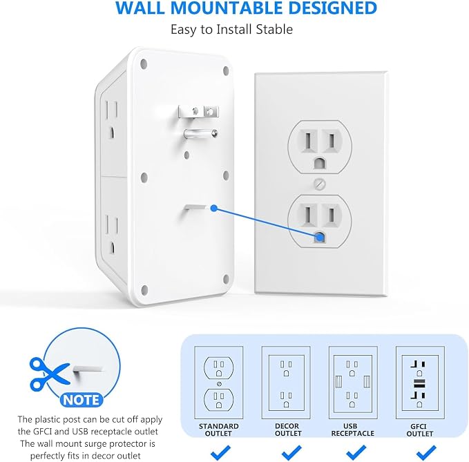 2 Pack Wall Charger, Surge Protector 6 Outlet Extender Multi Plug Wall Outlets - Image 8