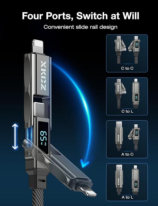 4 in 1 USB C Cable with Wattage Display, 65W Flat Nylon Braided Multi Charge - Image 2