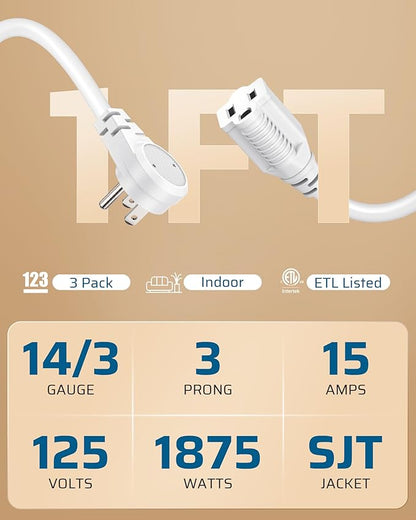 DEWENWILS 1FT Extension Cord Indoor, 14 Gauge Short Flat Plug Extension Cord - Image 2