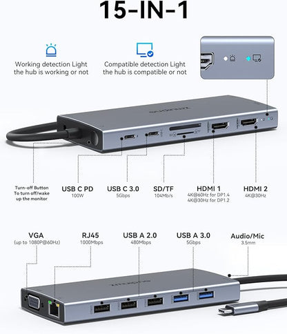 USB C Docking Station Dual Monitor 15 in 1 Laptop Docking Station Triple Display - Image 2