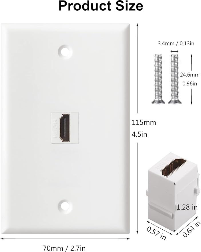 HDMI Wall Plate, 1 Port 4K HDMI Keystone Female to Female Wall Plate-White - Image 3