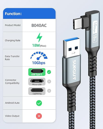 SUNGUY USB C Cable Right Angle 4FT, 10Gbps USB 3.1 Gen 2 to USB C Data Cable - Image 2