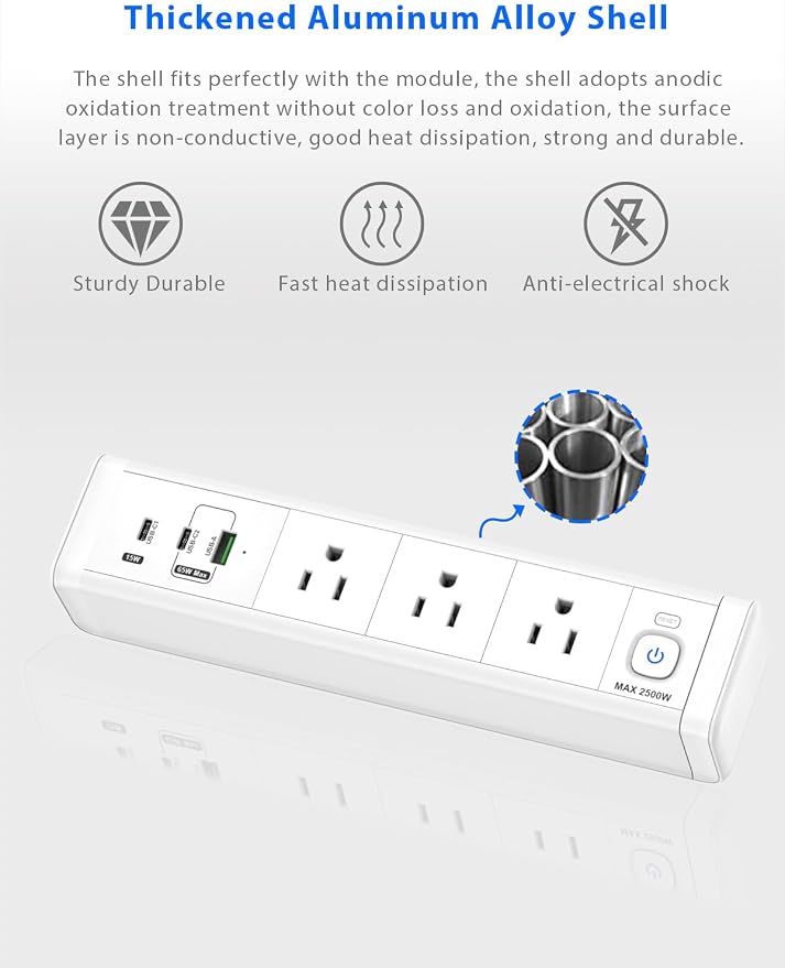 Desk Clamp Power Strip with 65W USB-C&USB A Ports 3 AC Outlet, Nightstand Edge - Image 3