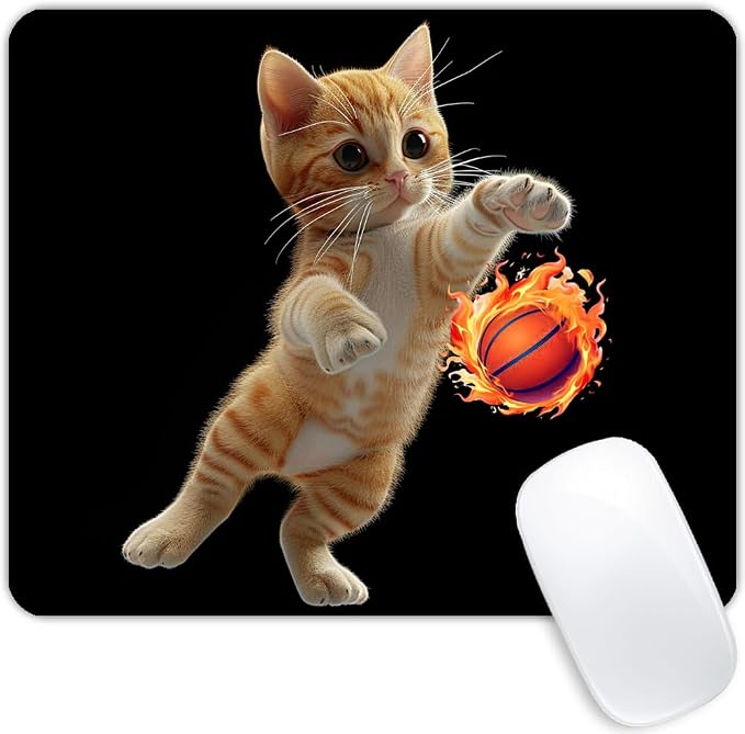 Square Mouse Pad Playful Orange Kitten Basketball on Fire-1, Gaming Mouse Pads by Goodsprout