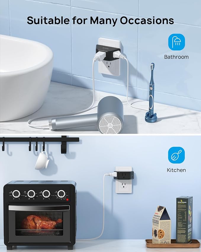 TROND 2 Pack Multi Plug Wall Outlet, 3 Way Angled Wall Outlet Extender - Image 7