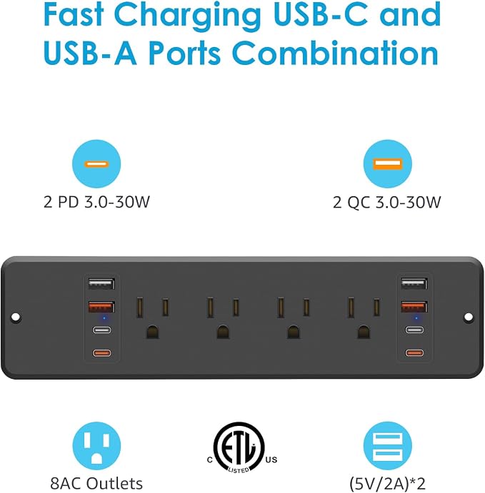 HHSOET 8 Outlet Recessed Power Strip, 30W Fast Charging Furniture Power Outlet - Image 4