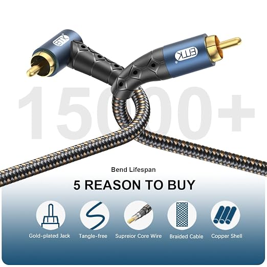 EMK RCA Subwoofer Cable 90 Degree RCA to RCA Audio Cable 24K Gold-Plated Nylon - Image 5