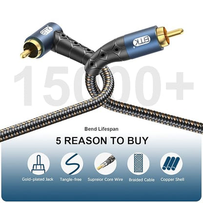 EMK RCA Subwoofer Cable 90 Degree RCA to RCA Audio Cable 24K Gold-Plated Nylon - Image 5