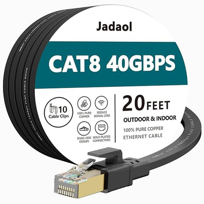 Jadaol Cat 8 Ethernet Cable 20 ft, 40Gbps 2000MHz Flat RJ45 S/FTP LAN Patch by Jadaol