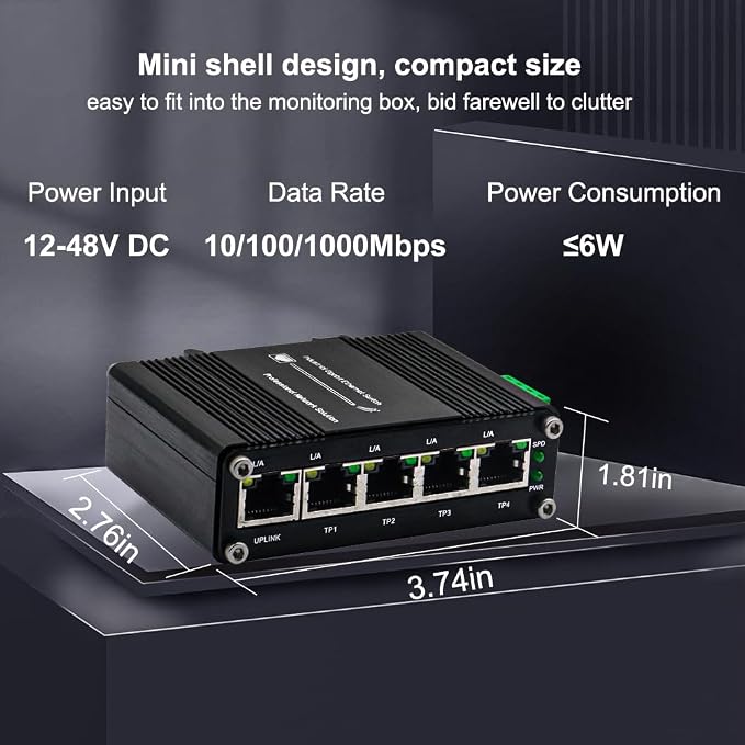 Mini 5 Port Industrial Gigabit Ethernet Switch, Unmanaged Hardened Network - Image 2