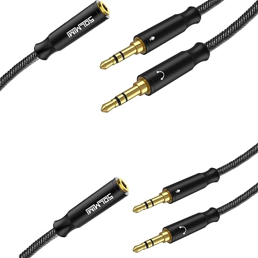 3.5mm Headset Splitter for PC 2 Pack, Crystal-Nylon Braid Female to Dual 3.5mm by SOLMIMI