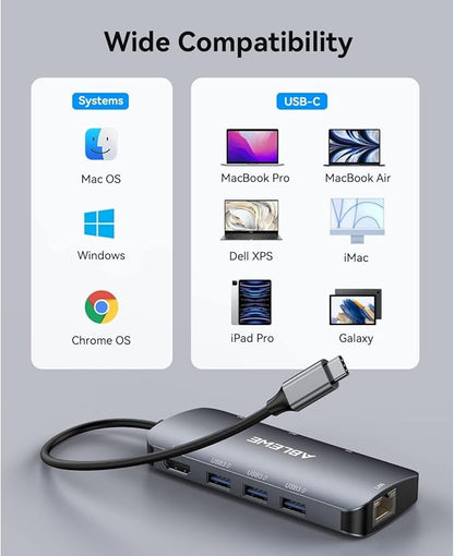 ABLEWE USB C Hub Ethernet, 8 in 1 4K@60Hz USBC Adapter, 100W PD, 3 USB 3.0 Ports - Image 2