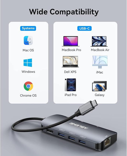 ABLEWE USB C Hub Ethernet, 8 in 1 4K@60Hz USBC Adapter, 100W PD, 3 USB 3.0 Ports - Image 2