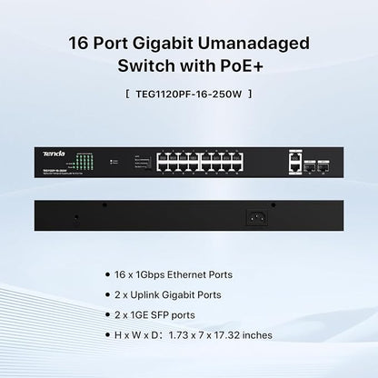 Tenda 20 Port Gigabit PoE Switch | Rackmount PoE Ethernet Switch | 16*PoE+ Port - Image 2