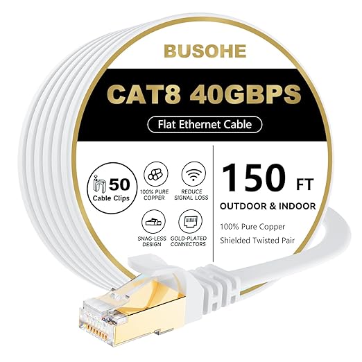 BUSOHE Cat 8 Ethernet Cable 150 FT, 40Gbps 2000Mhz High Speed Flat Cat8 Cable by BUSOHE
