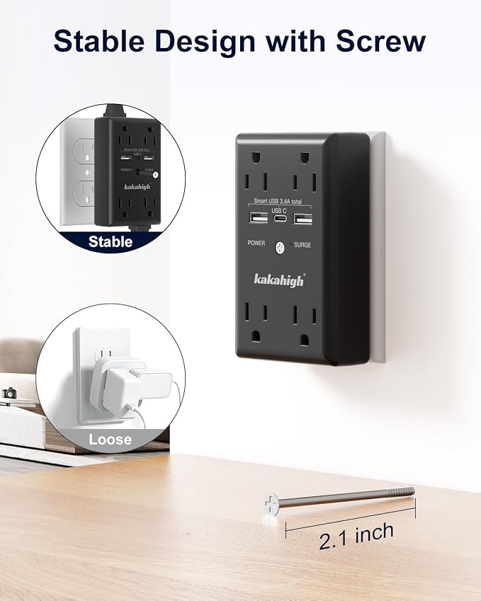 Black Wall Power Strip, 8 Way Outlets - Image 5