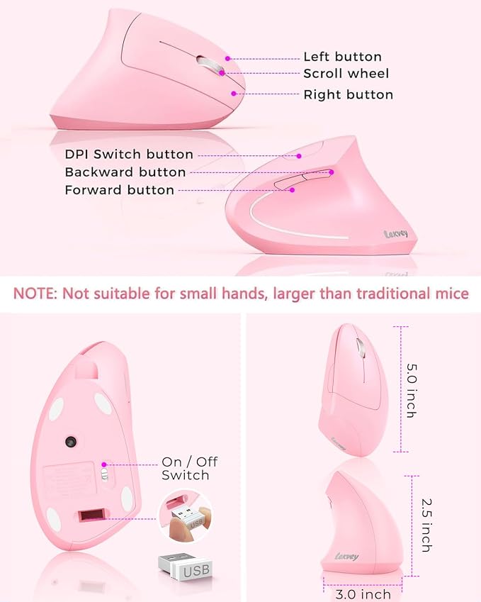 Lekvey Ergonomic Mouse, Vertical Wireless Mouse, Rechargeable 2.4 GHz USB - Image 6