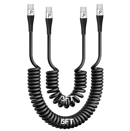 Coiled USBC to USBC Cables for Car 3FT/5FT, USB C to USB C Fast Charging Cables by PRAKIE