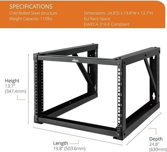 Tecmojo 6U Wall Mount Rack, Wall Mount Network Rack 24.8in Depth, Open Frame - Image 2