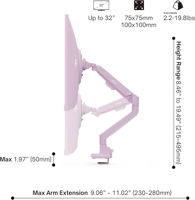 Pixio PS1S Wave Pink Single Monitor Arm Stand Desk Mount - Image 4