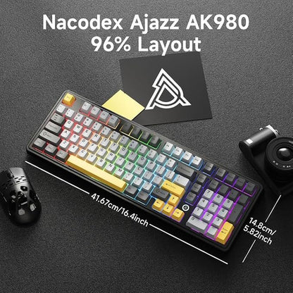 NACODEX Ajazz AK980 Grey Yellow Wireless Mechanical Gaming Keyboard, Tri-Mode - Image 6