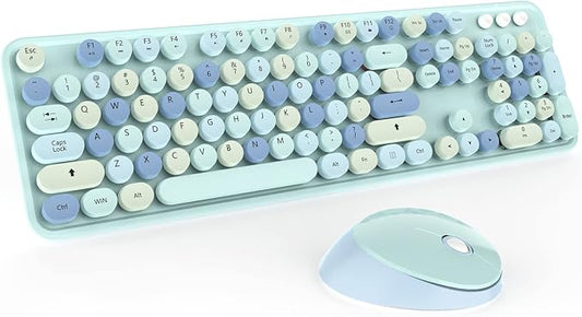 Wireless Keyboard and Mice Combo, Retro Round Keys Full-Sized Cute Keyboard by Kootop