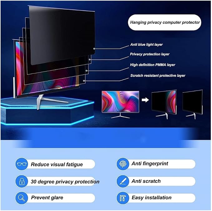 24 inch Hanging Monitor Computer Privacy Screen Filter, Anti Glare Blue Light - Image 7