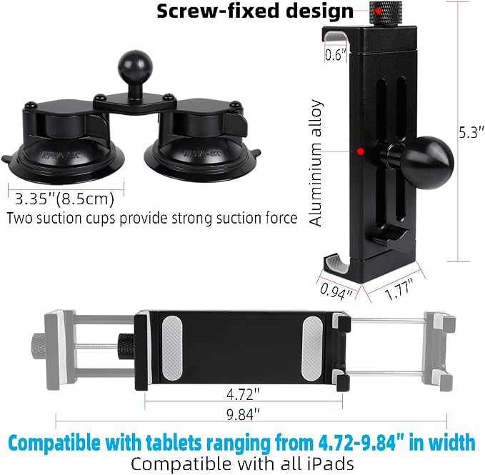Aluminum Tablet Holder for All iPad, 360° adjustable Secure Double Suction Cup - Image 4